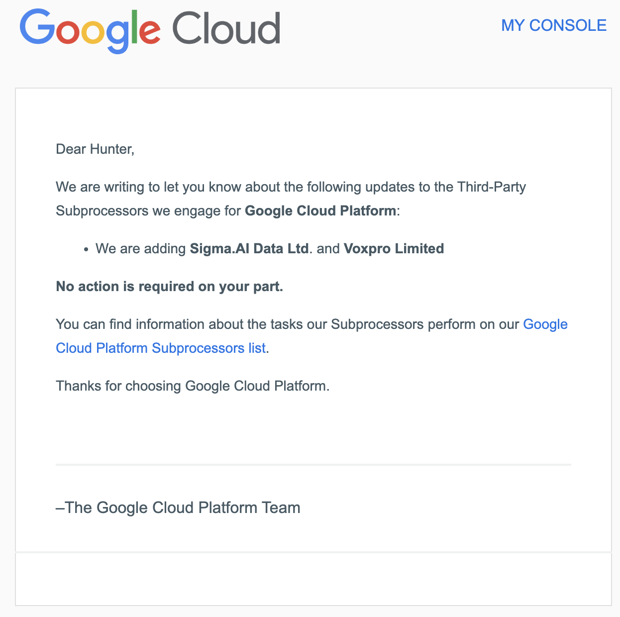 Email from Google Cloud about updating their third-party subprocessors list